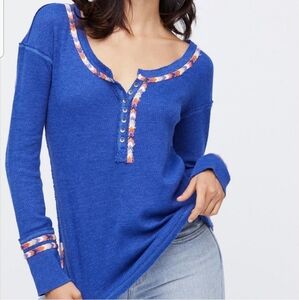 Free People Womens S Rainbow Henley Top Embroidered Waffle Knit Thermal Blue